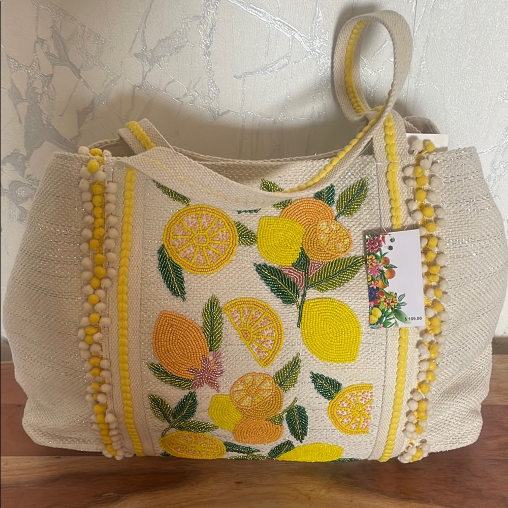 New! Make Lemonade A&B Embroidered Cream Tote.America and Beyond! Bright beauty!